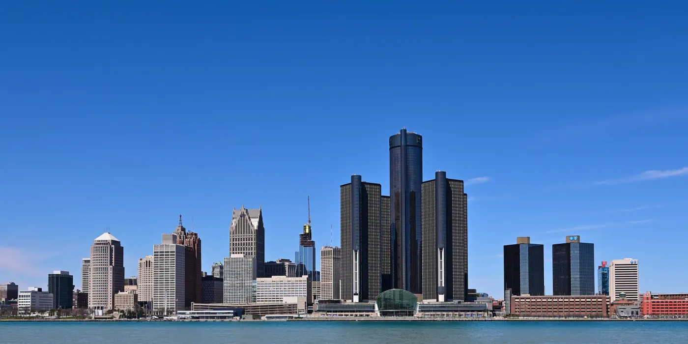 Downtown Detroit across the river, the Renaissance Center towers in the middle